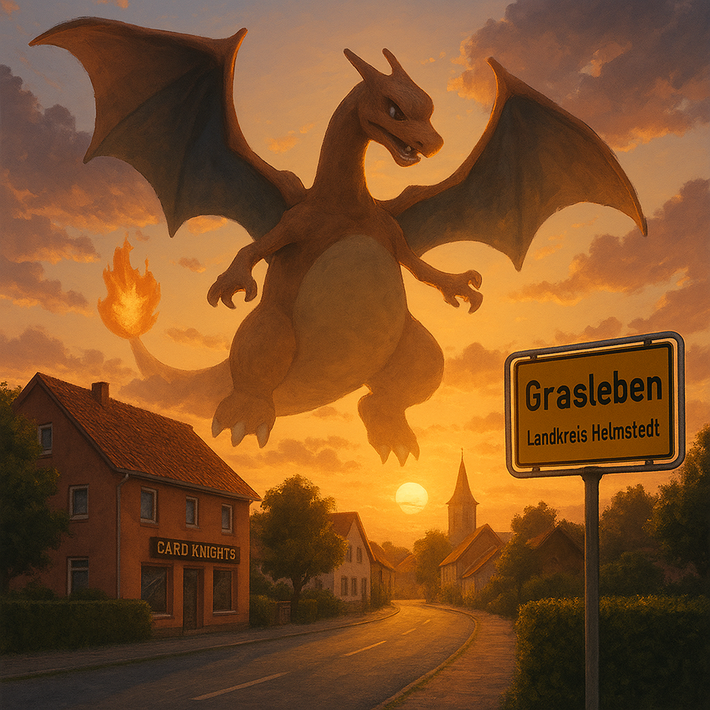 Mega-Glurak X-ex und Mega-Gengar ex kämpfen beim Pokémon Release Event „Fatale Flammen“ im Card-Knights-Store in Grasleben.