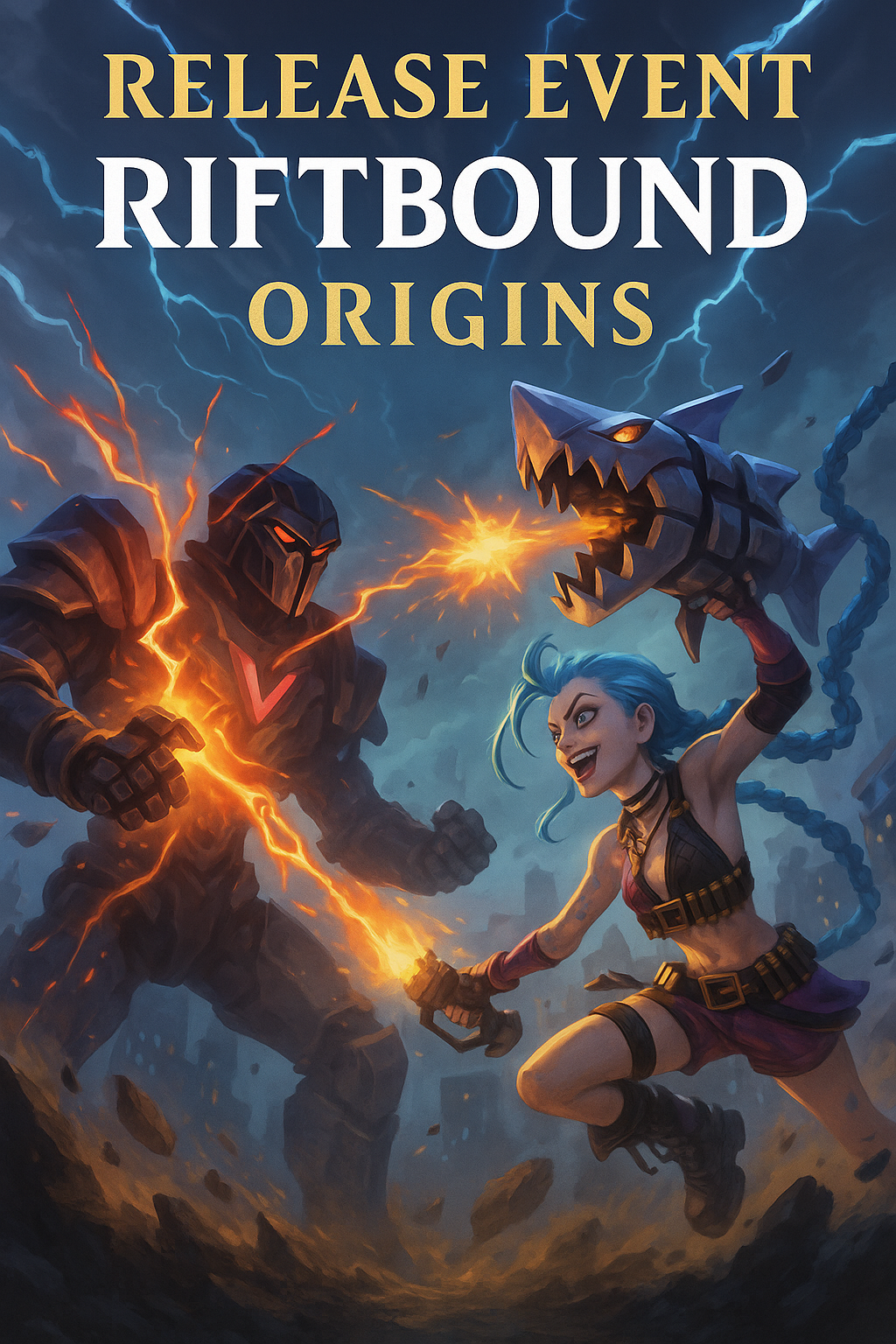 Epische Illustration im Hochformat: Viktor kämpft gegen Jinx in einer dramatischen Rift-Schlacht des League of Legends TCG Riftbound Origins. Magische Energieblitze, Karten-Elemente und Spotlight-Licht verstärken die Action im Card-Knights-Stil.