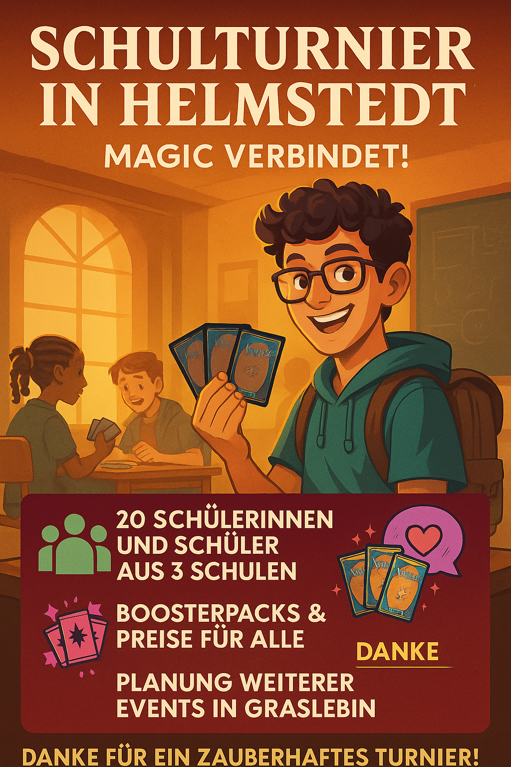 Schüler:innen aus Helmstedt beim Magic: The Gathering Jumpstart-Turnier mit Preisen und Karten – veranstaltet mit Card-Knights Unterstützung.