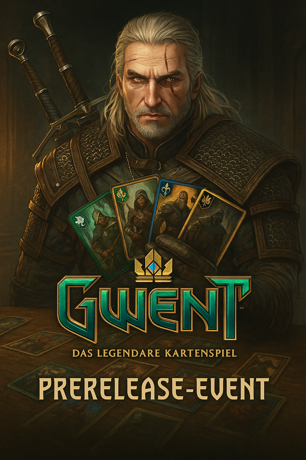 Ein episches digitales Poster für das Prerelease-Event von Gwent: Das legendäre Kartenspiel, mit Charakteren aus dem Witcher-Universum in strategischer Spielpose am Tisch, im düsteren Fantasy-Stil gehalten.