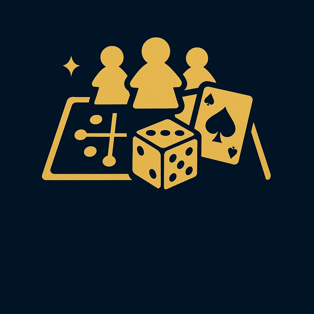 Logo der Kategorie „Gesellschaftsspiele“ mit Symbolen mehrerer Spielfiguren, Karten, Würfeln und einem zentralen Brettspiel-Icon. Darunter der Schriftzug „GESELLSCHAFTSSPIELE“ in klassischer, goldener Serifenschrift.
