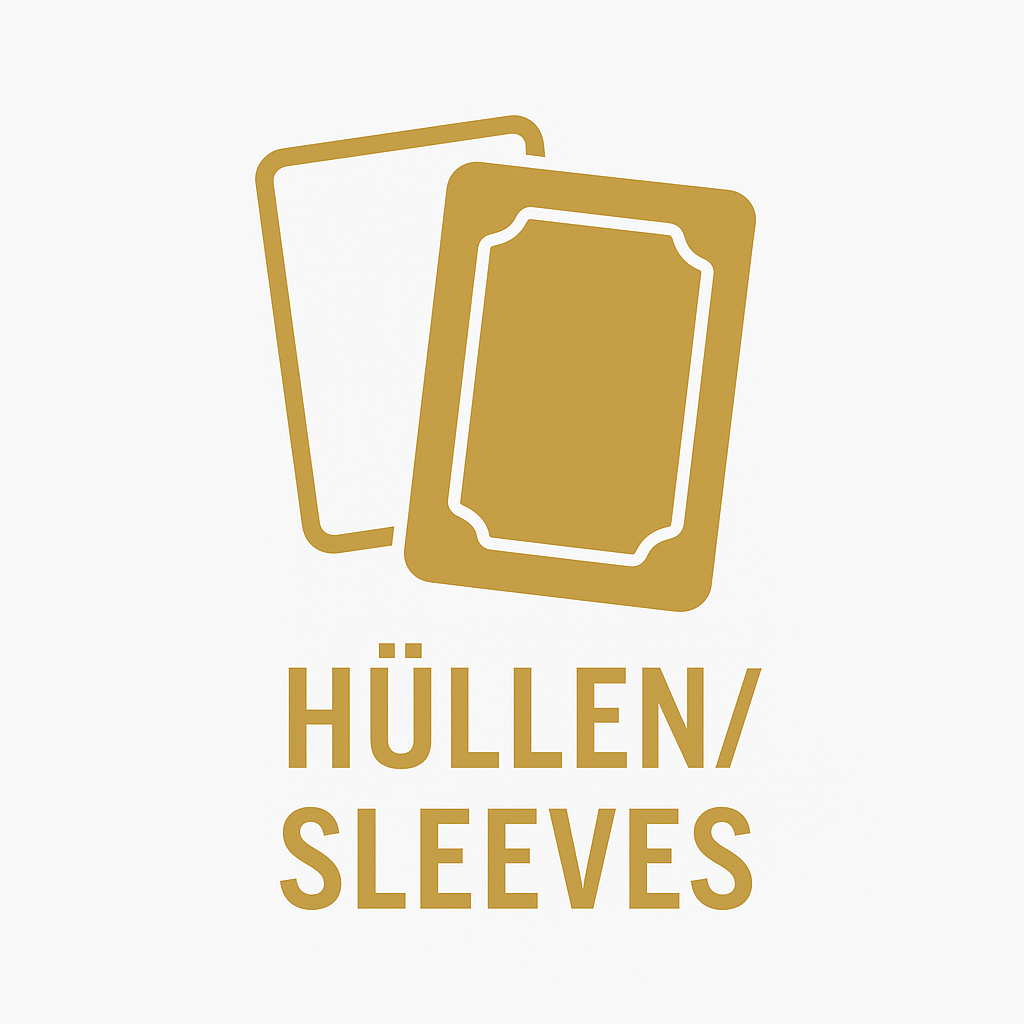 Logo der Kategorie „Hüllen/Sleeves“ mit zwei goldenen, versetzt dargestellten Kartenschutzhüllen auf weißem Hintergrund. Modernes, minimalistisches Design im Card-Knights-Stil.