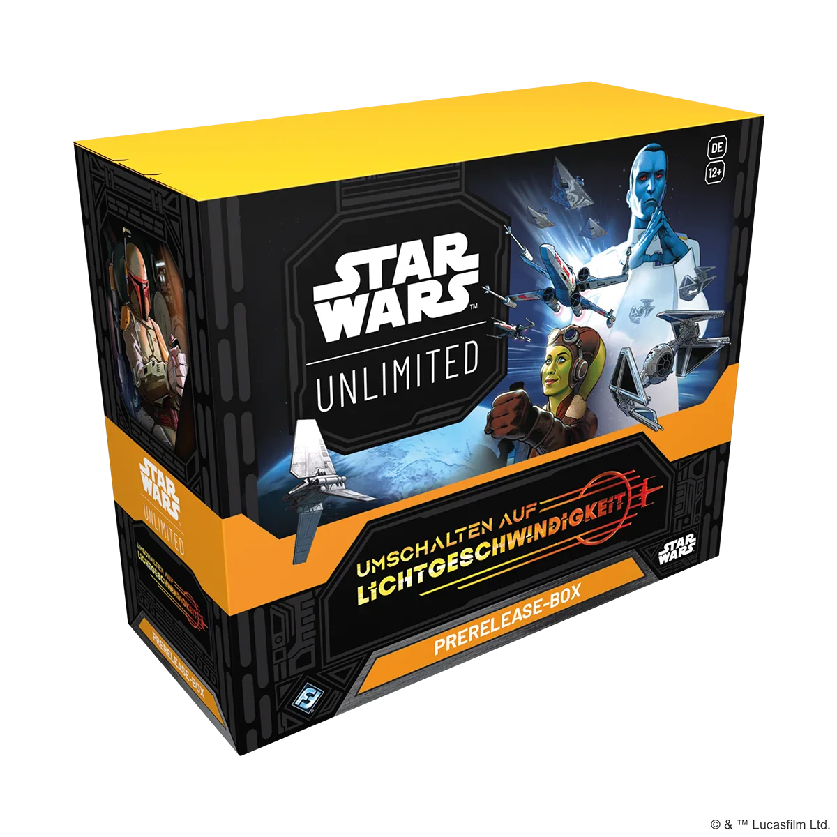 Abbildung der Verpackung von Star Wars Unlimited Set 4 – Umschalten auf Lichtgeschwindigkeit. Zu sehen ist ein dynamisches Raumschiff vor galaktischem Hintergrund. Produktbox mit offizieller Logoaufschrift.