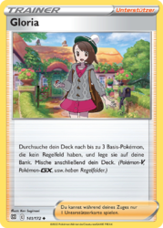 Gloria Pokémon Trainerkarte 141/172 aus dem Set Strahlende Sterne in Near Mint Zustand – Unterstützerkarte für gezielte Kartensuche im Pokémon TCG.