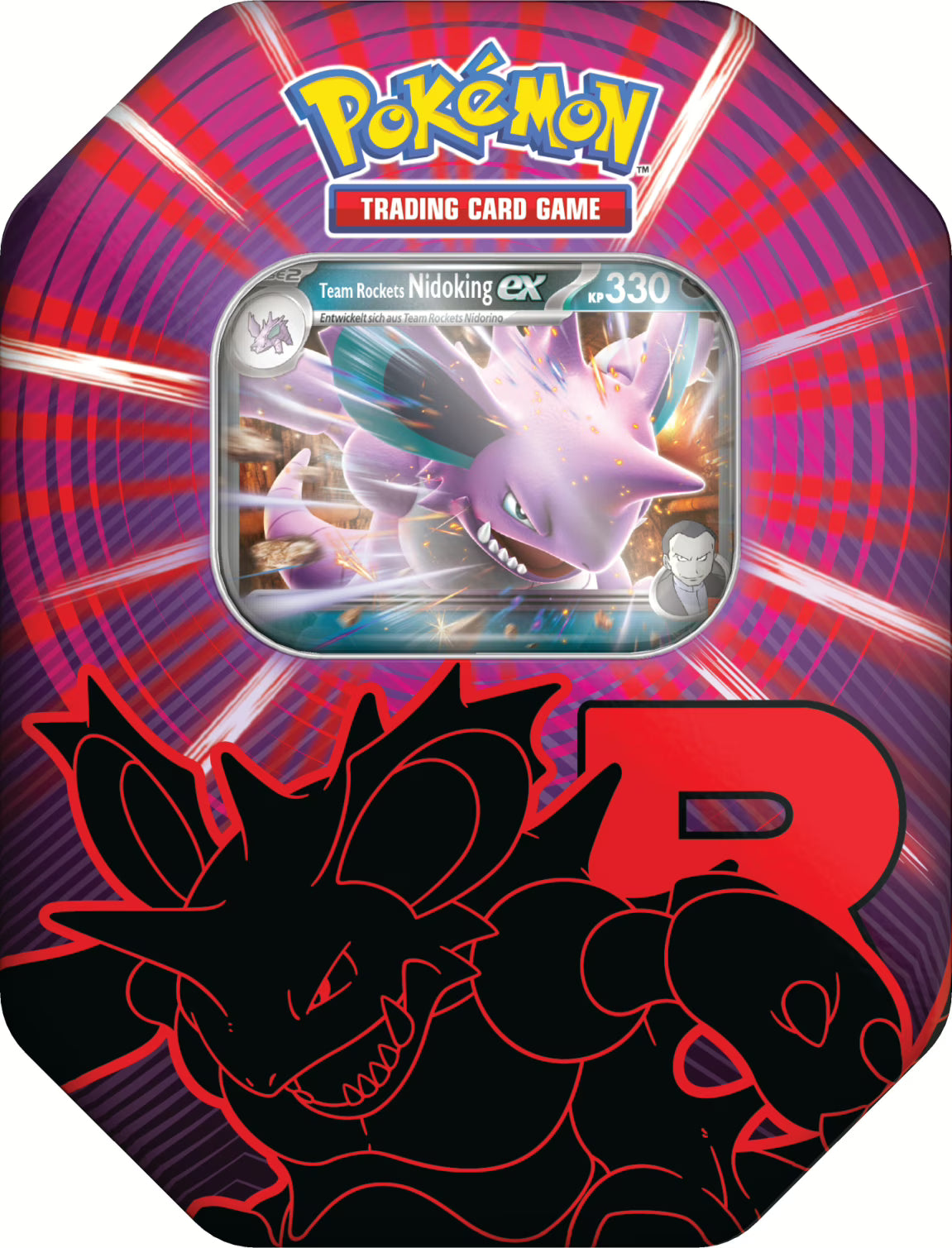 Pokémon Tin mit Team Rockets Nidoking-ex Promokarte und vier Boosterpacks