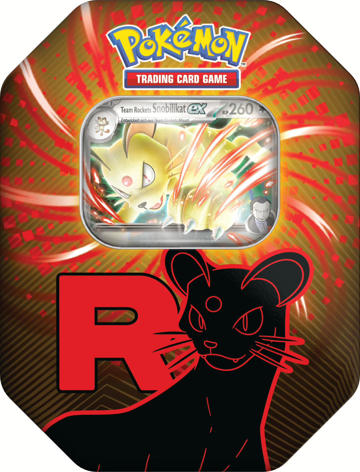 Pokémon Tin mit Team Rockets Snobilikat-ex Promokarte und vier Boosterpacks