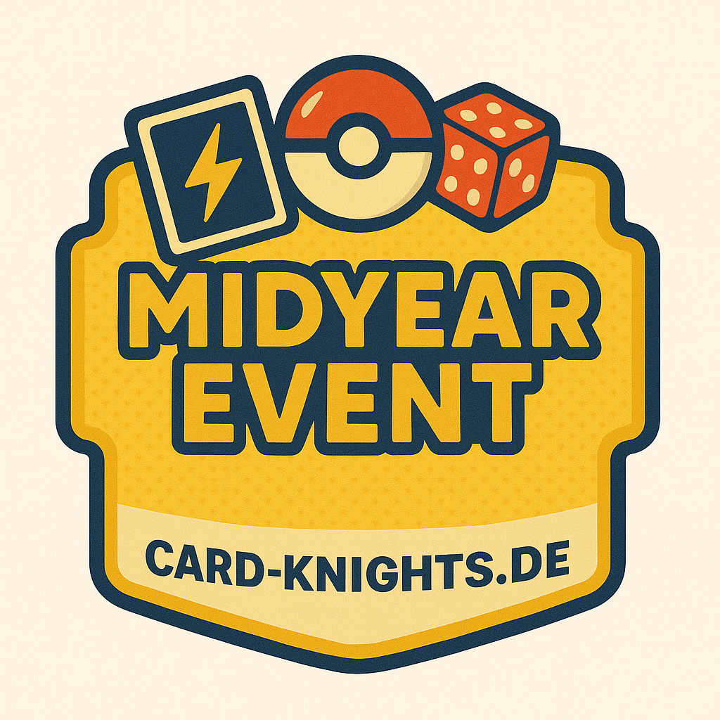 urnier-Logo „Midyear Event“ für card-knights.de im Ticket-Stil mit Symbolen für Kartenspiel, Würfel und Pokéball-ähnlichem Element, gestaltet in Gelb und Dunkelblau.