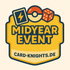 urnier-Logo „Midyear Event“ für card-knights.de im Ticket-Stil mit Symbolen für Kartenspiel, Würfel und Pokéball-ähnlichem Element, gestaltet in Gelb und Dunkelblau.