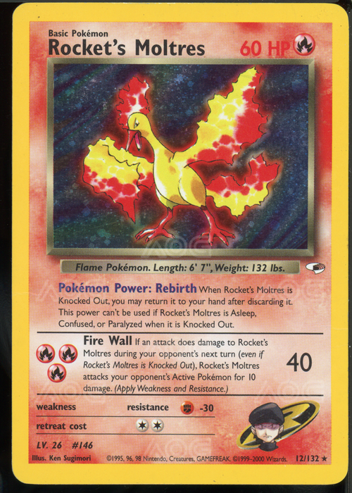 Pokémonkarte Rocket's Moltres 12/132 aus Gym Heroes (2000), Englisch, Holo Rare mit AOG Grading 2.5 – seltene und nostalgische Karte im gebrauchten Zustand.