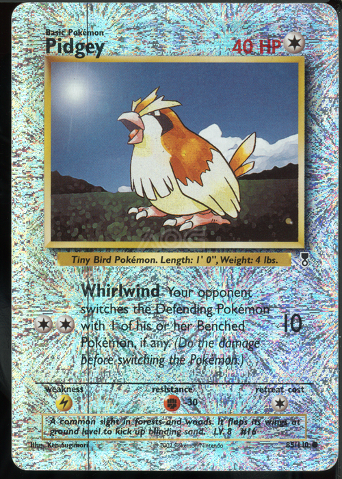 Pidgey Reverse Holo 85/110 aus Legendary Collection – AOG Graded 6 – Englische Pokémonkarte im Flammen-Holo-Stil von 2002.