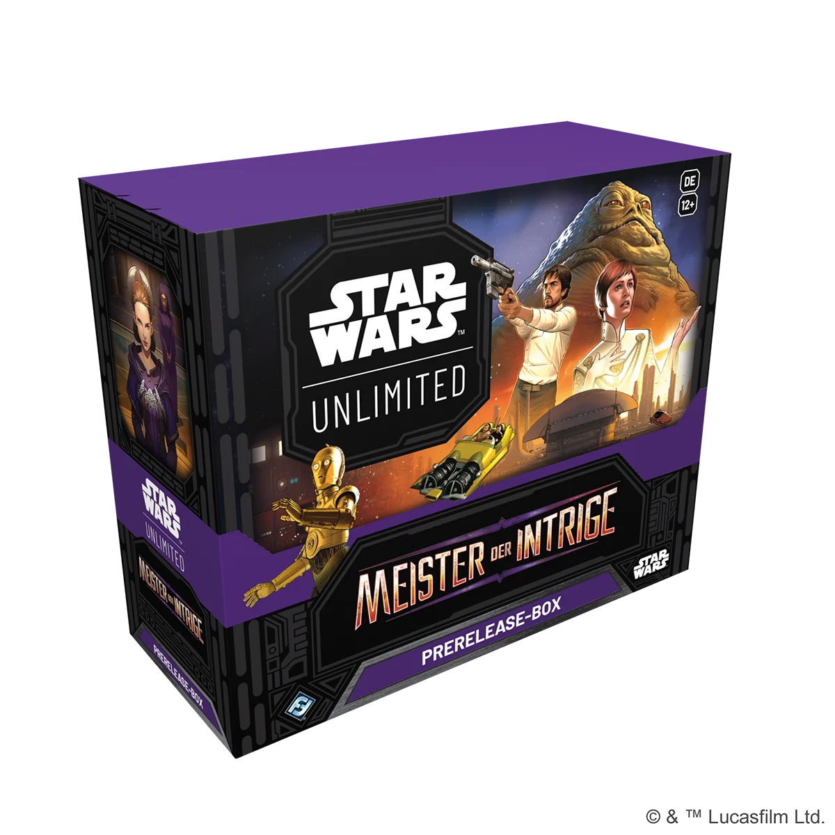 Star Wars: Unlimited – Meister der Intrige Prerelease-Box mit 6 Boostern, exklusiven Promo-Karten von Padmé Amidala und Kanzler Palpatine im Galaxis-Design.