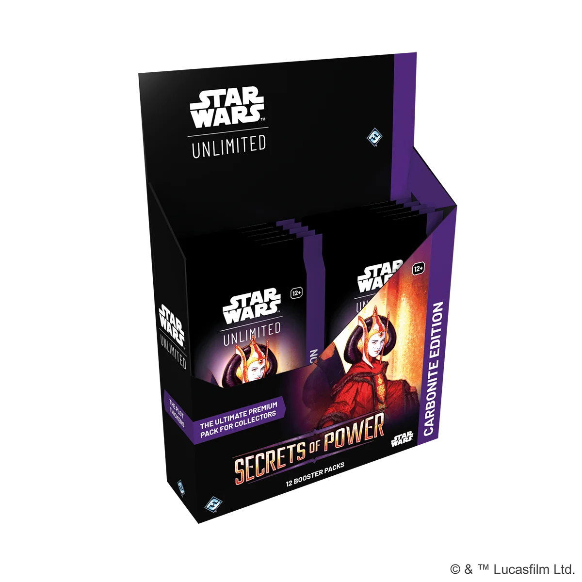 Star Wars: Unlimited – Secrets of Power Carbonite Booster Display with 12 premium packs featuring Hyperspace Leaders and Prestige Cards.