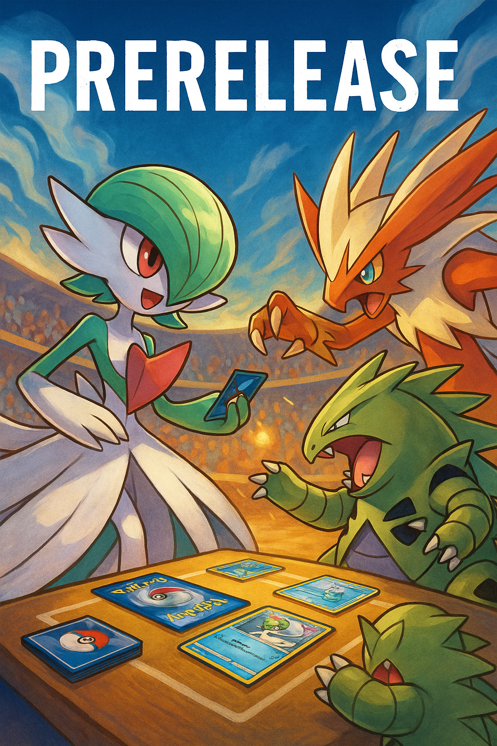 Illustration von Mega-Guardevoir im Kartenduell beim Pokémon ME01 Prerelease – dynamische Szene mit Mega-Pokémon im Fokus