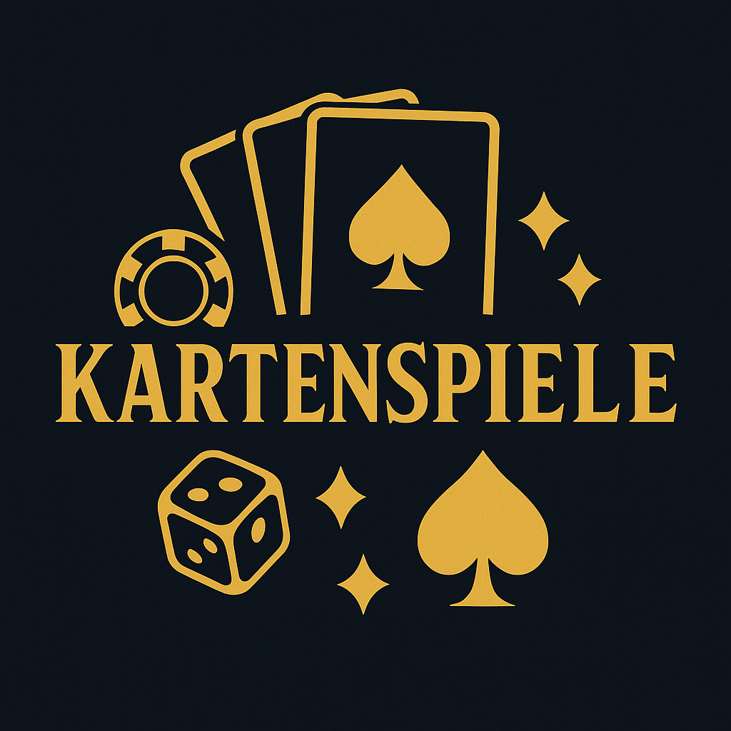 Logo der Kategorie „Kartenspiele“ mit angedeuteter Spielhand aus Karten, einem Pik-Symbol, einer Spielmarke und der goldenen Aufschrift „KARTENSPIELE“ auf dunklem Hintergrund.