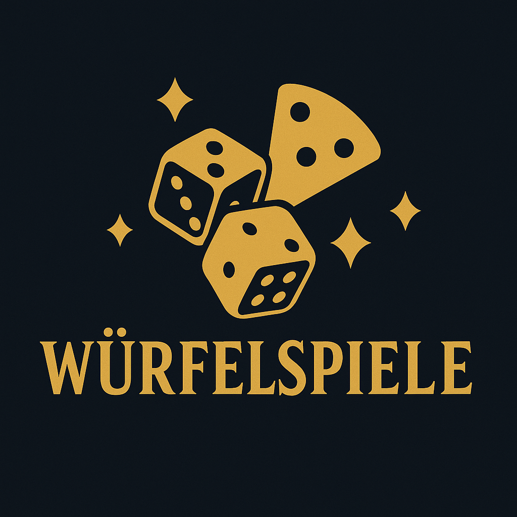Logo der Kategorie „Würfelspiele“ mit zwei stilisierten goldgelben Würfeln, einem Segment eines Spielrads und dem Wort „WÜRFELSPIELE“ in klassischer Serifenschrift – alles auf dunkelblauem Hintergrund mit goldenen Glanzeffekten.