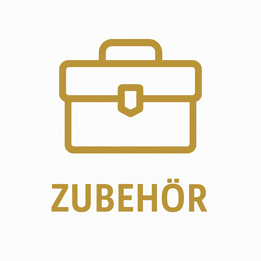 Logo der Kategorie „Zubehör“ mit stilisierter goldener Werkzeugbox über dem Schriftzug „ZUBEHÖR“ in goldener Versalschrift, auf weißem Hintergrund.