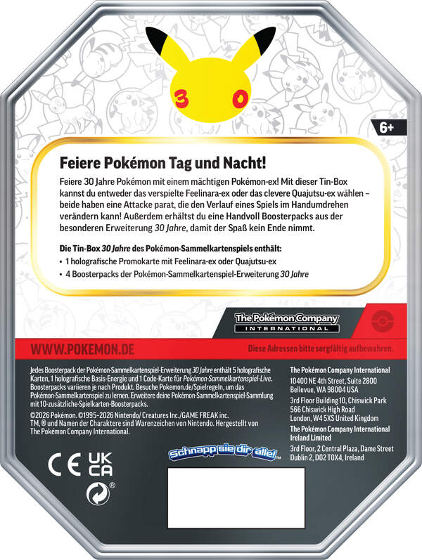 Pokémon Tin-Box 30 Jahre: Nacht mit holografischer Quajutsu-ex Promokarte und vier Boosterpacks der Pokémon-Sammelkartenspiel-Erweiterung 30 Jahre in einer hochwertigen Metallbox