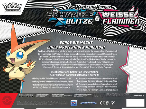 Pokémon Victini Illustration Kollektion (Deutsch) mit 2 Boostern Schwarze Blitze, 2 Boostern Weiße Flammen, 2 Promokarten & XXL-Karte Rückseite