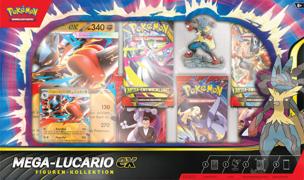 Pokémon TCG Figuren-Kollektion Mega-Lucario-ex mit Promo, XXL-Karte, Figur und 5 Boostern