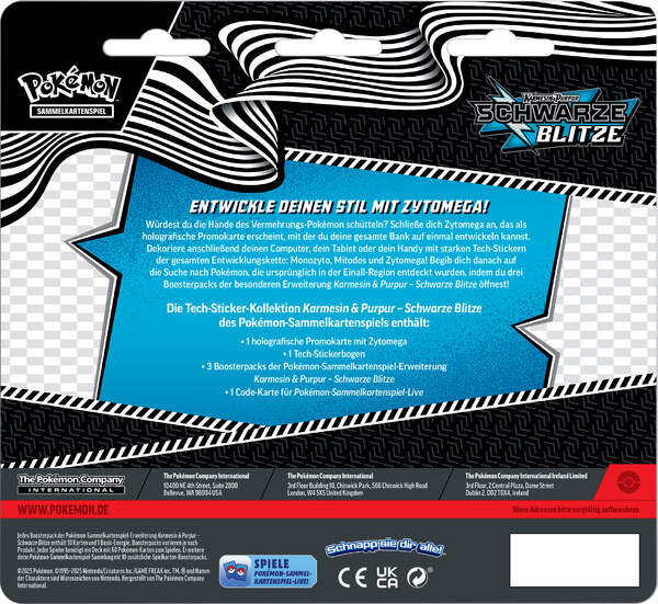 Pokémon Tech-Sticker-Kollektion Zytomega (Deutsch) – 3 Booster Schwarze Blitze, Promokarte, Stickerbogen & Code-Karte Rückseite