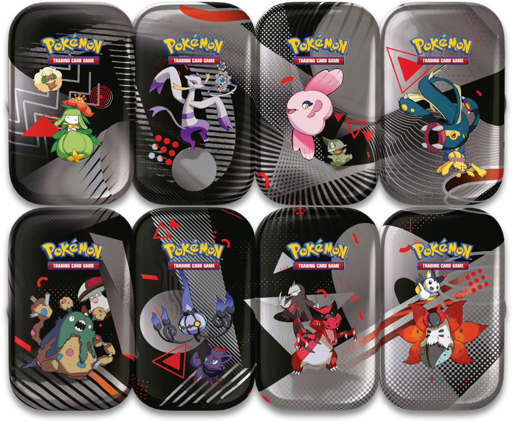 Darstellung eines Mini Tin Displays mit 8 verschiedenen Pokémon-Motivtins aus dem Black Bolt & White Flare Set (S&V 10.5). Jede Tin zeigt ein eigenes Artwork und enthält Boosterpacks, Sticker und Motivkarte.