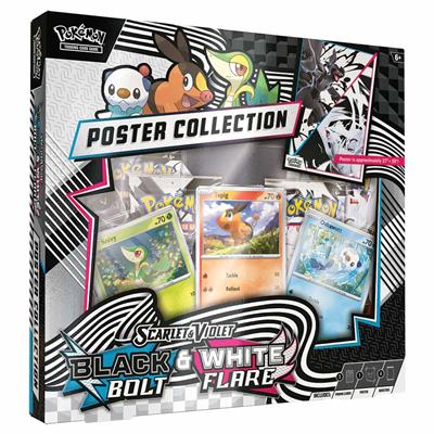 Verpackung der Pokémon Unova Poster Collection mit Poster im Unova-Stil, drei Promokarten und Boostern aus Scarlet & Violet 10.5 – Black Bolt & White Flare. Darstellung ikonischer Pokémon der Region.