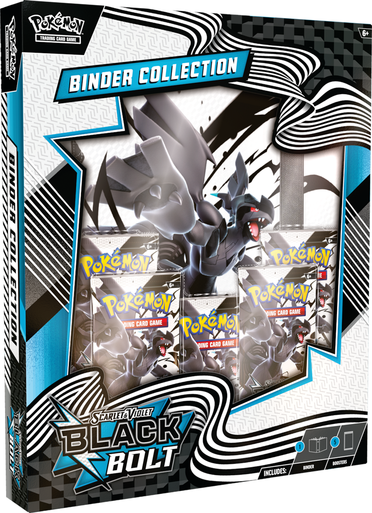 Produktfoto der Pokémon Binder Collection „Zekrom – Black Bolt“ (Scarlet & Violet 10.5), bestehend aus einem 4-Pocket-Sammelordner mit Zekrom-Artwork, Boosterpacks und einer exklusiven Zekrom-Promokarte im englischen Layout.