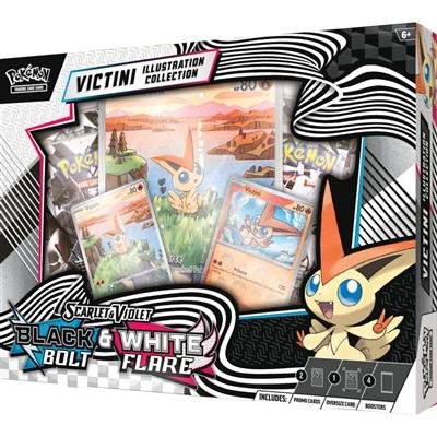 Produktbox der Pokémon Victini Illustration Collection mit Promokarte, Boostern aus den Sets Black Bolt und White Flare, illustriertem Victini-Artwork und Design im Unova-Stil.