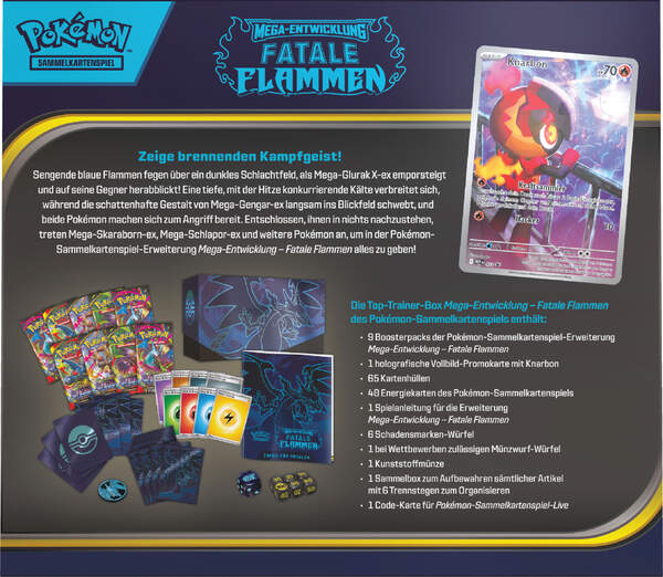 Pokémon TCG Top-Trainer-Box Fatale Flammen ME02 mit Mega-Glurak X-ex und exklusiver Knarbon-Promo Backshot