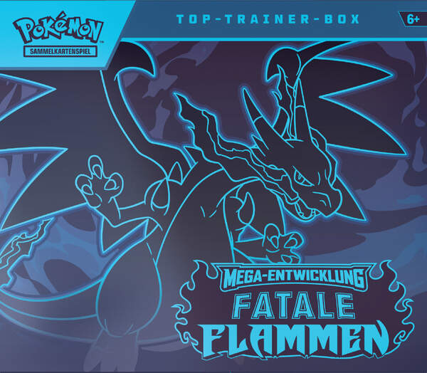 Pokémon TCG Top-Trainer-Box Fatale Flammen ME02 mit Mega-Glurak X-ex und exklusiver Knarbon-Promo Front-Gerade