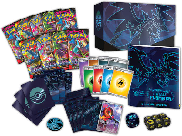 Pokémon TCG Top-Trainer-Box Fatale Flammen ME02 mit Mega-Glurak X-ex und exklusiver Knarbon-Promo Inhalt