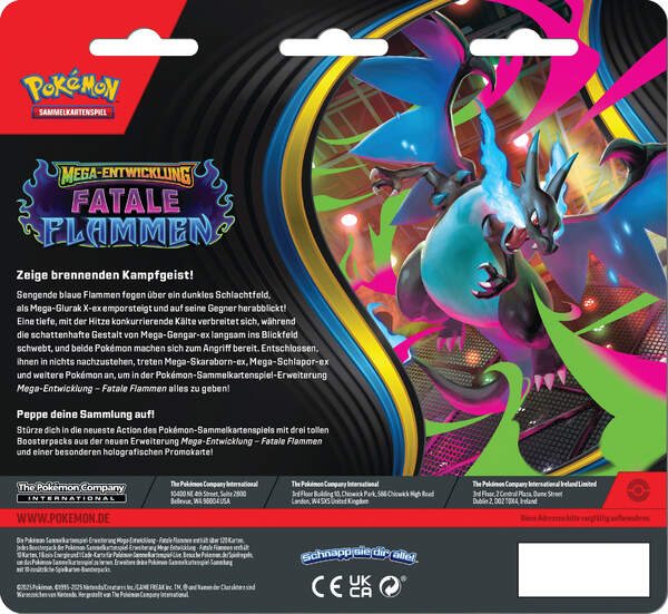 Pokémon TCG 3-Pack Blister Fatale Flammen ME02 mit 3 Boostern und Promo Sniebel oder Snibunna