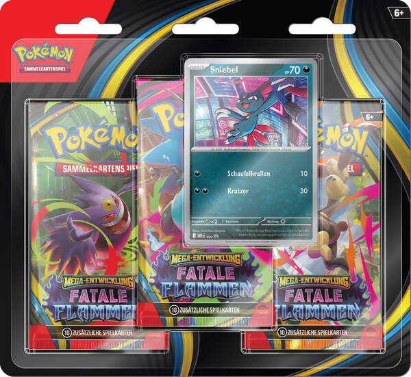 Pokémon TCG 3-Pack Blister Fatale Flammen ME02 mit 3 Boostern und Promo Sniebel