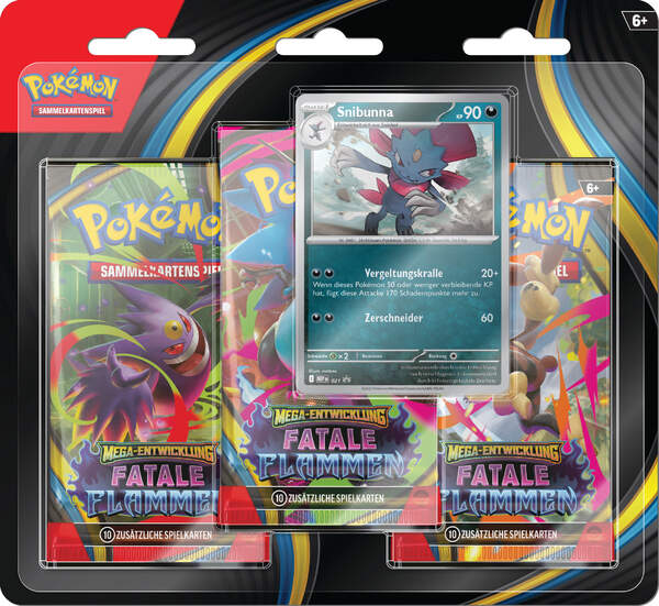 Pokémon TCG 3-Pack Blister Fatale Flammen ME02 mit 3 Boostern und Promo Snibunna