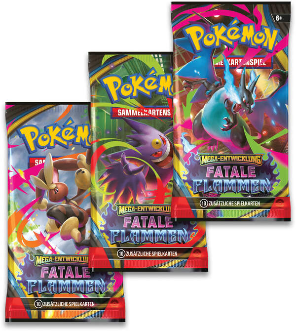 Pokémon TCG 3-Pack Blister Fatale Flammen ME02 mit 3 Boostern und Promo Sniebel oder Snibunna