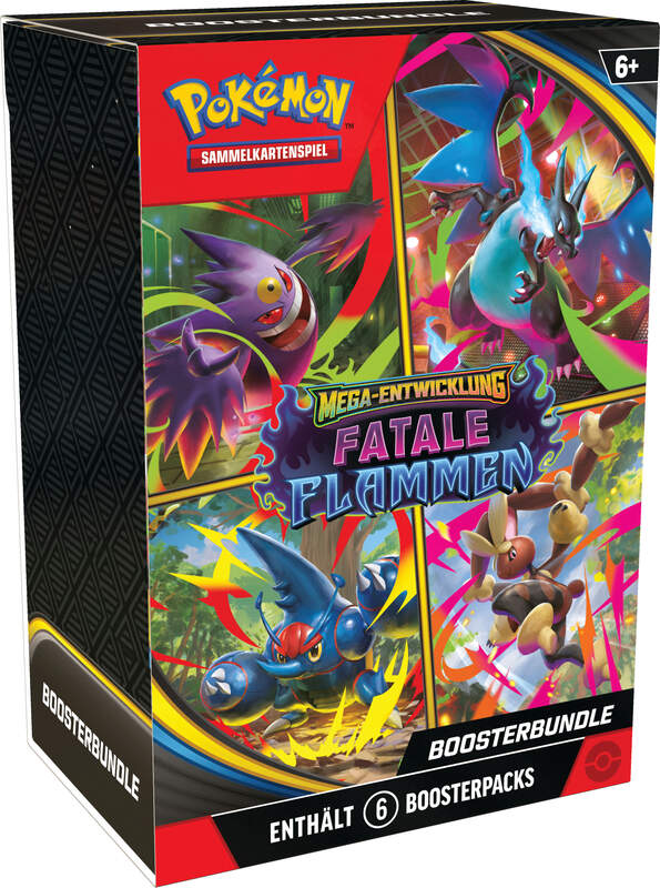 Pokémon ME02 Booster Bundle – Fatale Flammen mit 6 Boosterpacks, feurigem Design und Mega-Glurak auf der Verpackung.