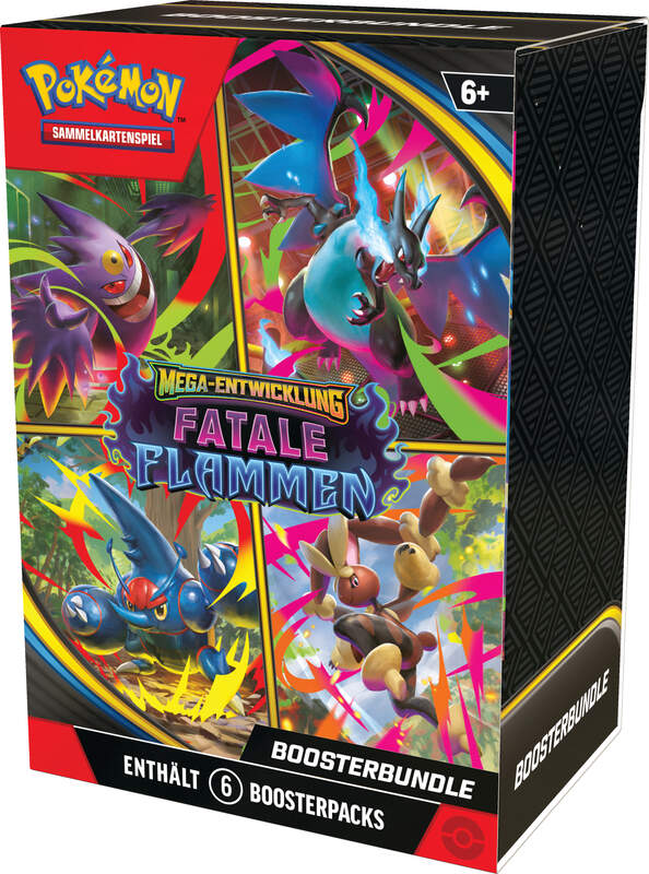 Pokémon ME02 Booster Bundle – Fatale Flammen mit 6 Boosterpacks, feurigem Design und Mega-Glurak auf der Verpackung.