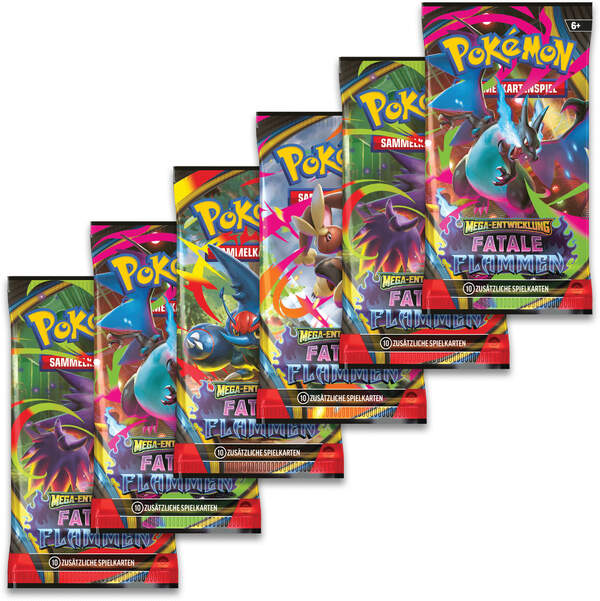 Pokémon ME02 Booster Bundle – Fatale Flammen mit 6 Boosterpacks, feurigem Design und Mega-Glurak auf der Verpackung.