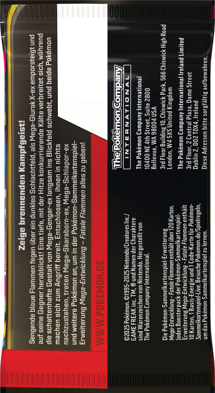 Pokémon ME02 Booster Bundle – Fatale Flammen mit 6 Boosterpacks, feurigem Design und Mega-Glurak auf der Verpackung.