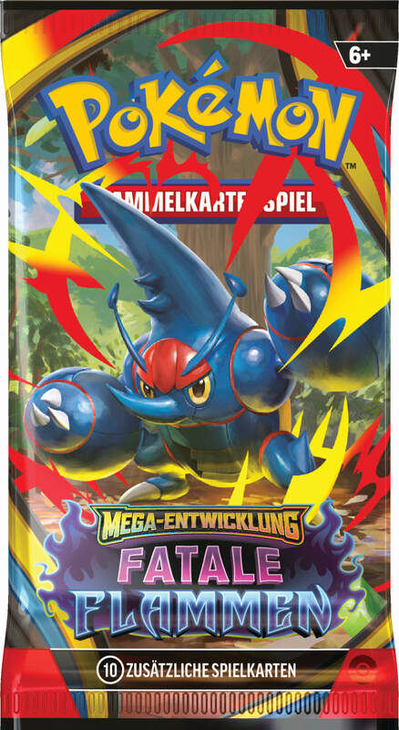 Pokémon ME02 Booster Bundle – Fatale Flammen mit 6 Boosterpacks, feurigem Design und Mega-Glurak auf der Verpackung.