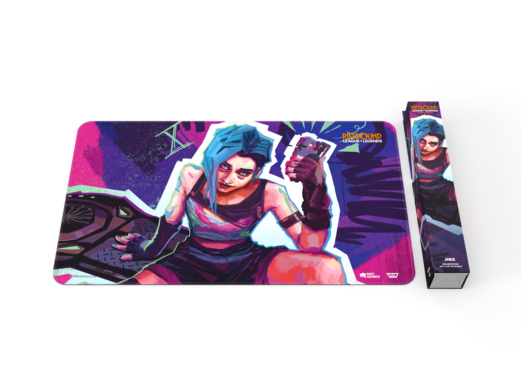 Riftbound Origins Jinx Playmat mit hochwertigem Neopren, stitched trim und Artwork von Champion Jinx für das League of Legends TCG