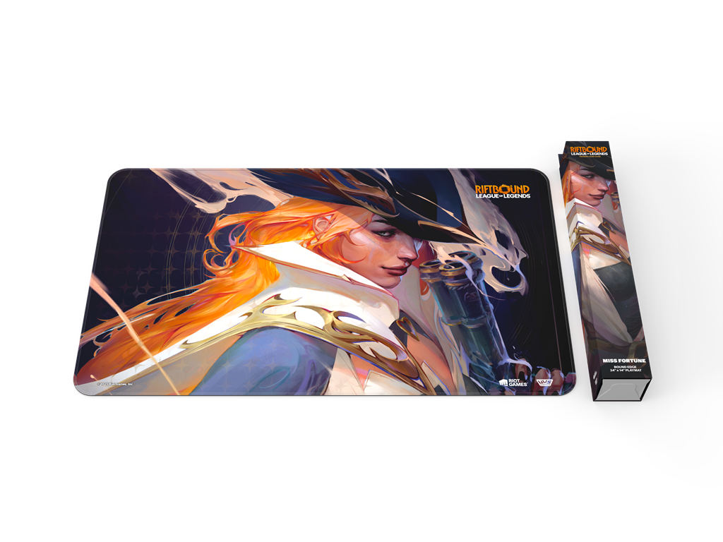 Riftbound Origins Miss Fortune Playmat mit hochwertigem Neopren, stitched trim und Artwork von Champion Miss Fortune für das League of Legends TCG