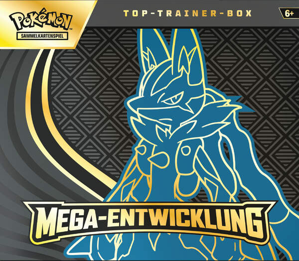 Pokémon TCG ME01 Top-Trainer-Box A – Mega-Entwicklung DE mit 9 Boostern, Promo-Riolu & Zubehör Frontshot