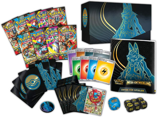 Pokémon TCG ME01 Top-Trainer-Box A – Mega-Entwicklung DE mit 9 Boostern, Promo-Riolu & Zubehör inhalt