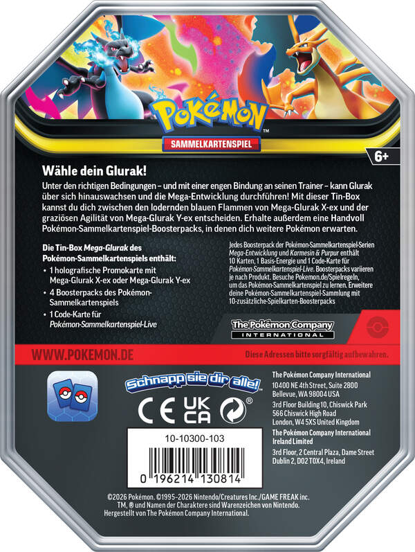 Pokémon Tin 126 Mega-Glurak X-ex – Promo-Tin mit exklusiver Karte und vier Boosterpacks. Backshot