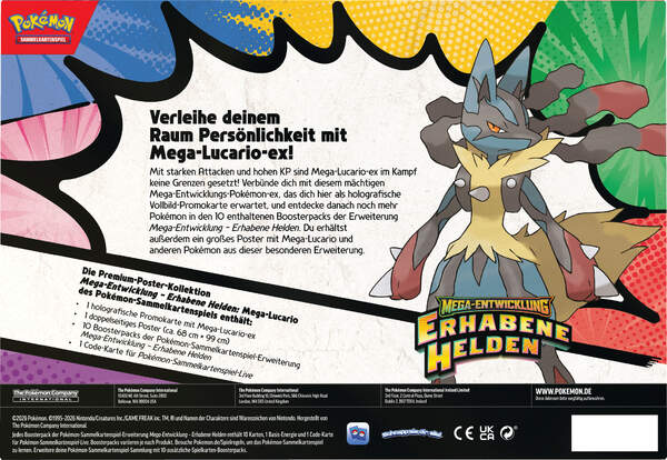 Pokémon ME02.5 Premium-Poster-Kollektion Mega-Lucario-ex – Box mit Promo, großem Poster und 10 Erhabene-Helden Boostern. Backshot