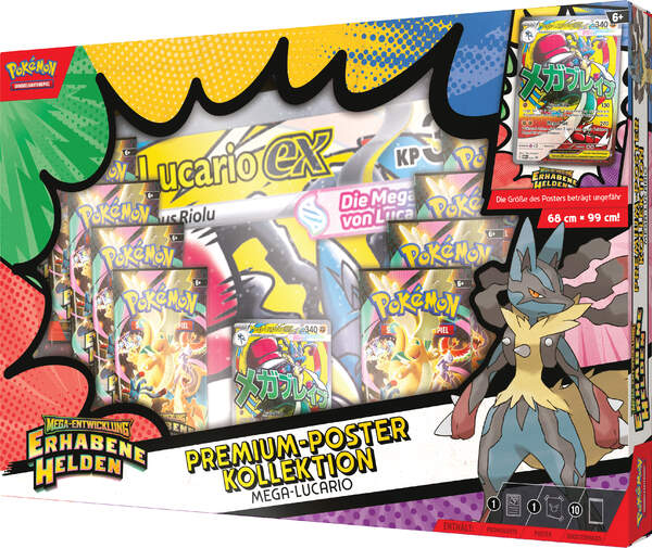 Pokémon ME02.5 Premium-Poster-Kollektion Mega-Lucario-ex – Box mit Promo, großem Poster und 10 Erhabene-Helden Boostern.