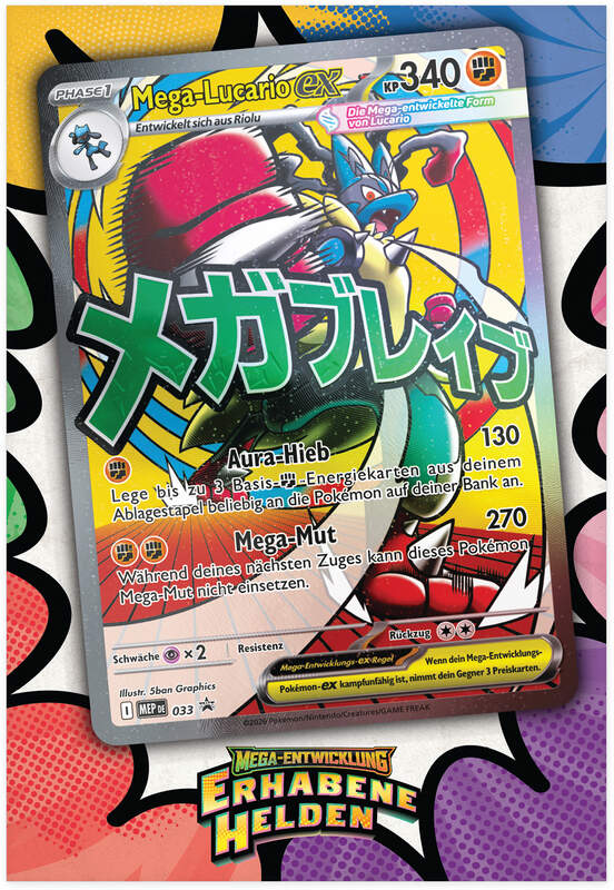 Pokémon ME02.5 Premium-Poster-Kollektion Mega-Lucario-ex – Box mit Promo, großem Poster und 10 Erhabene-Helden Boostern. Promokarte