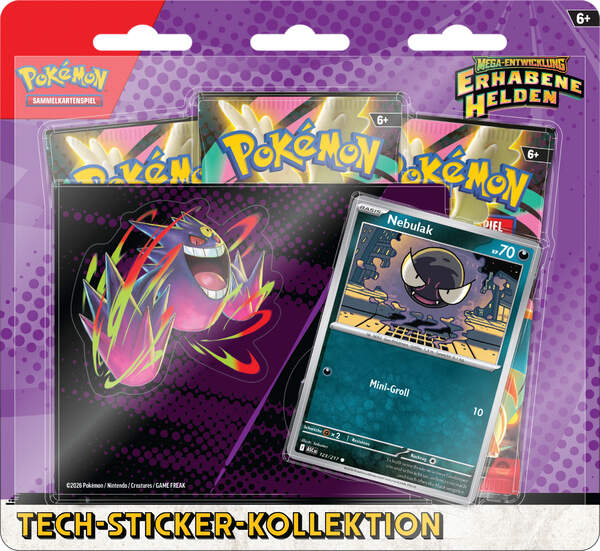 Pokémon ME02.5 Nebulak Tech-Sticker-Kollektion mit exklusiver Nebulak-Promokarte, Tech-Stickerbogen und drei Boosterpacks aus Erhabene Helden.