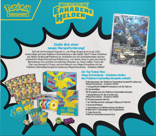 Pokémon ME02.5 Top-Trainer-Box Erhabene Helden mit Zekrom-Promo und neun Boostern.